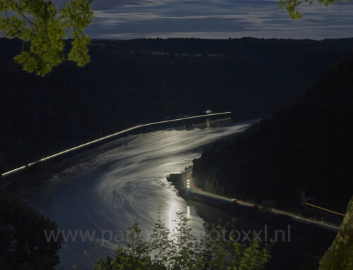 Moonlight reflection in the river Rhine near the Loreley