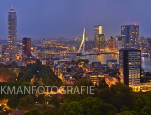Rotterdam panorama bij avond met het hoogste gebouw van Nederland : de zalmhaventoren