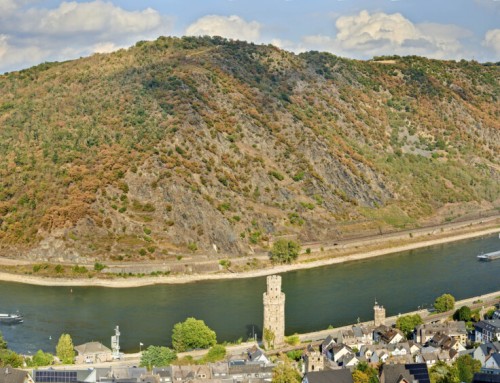 Oberwesel -Kaub panorama beleving op 17 augustus 2026 laag water pegel Kaub 10 cm